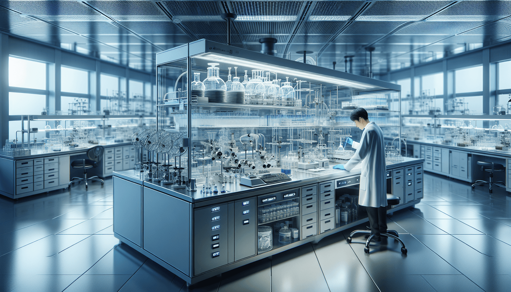 Forskningslaboratorium med dragskåp och analytiska instrument för kontrollerad luftmiljö