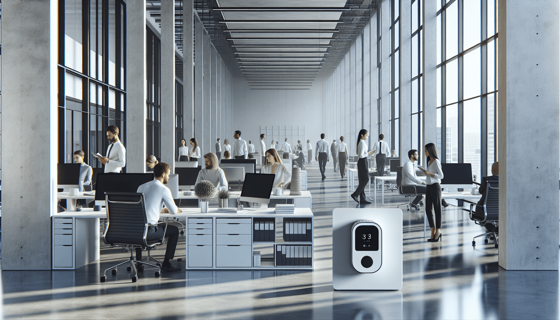 Öppen kontorsmiljö med luftkvalitetsmätare - arbetsmiljöprovtagning för frisk inomhusluft