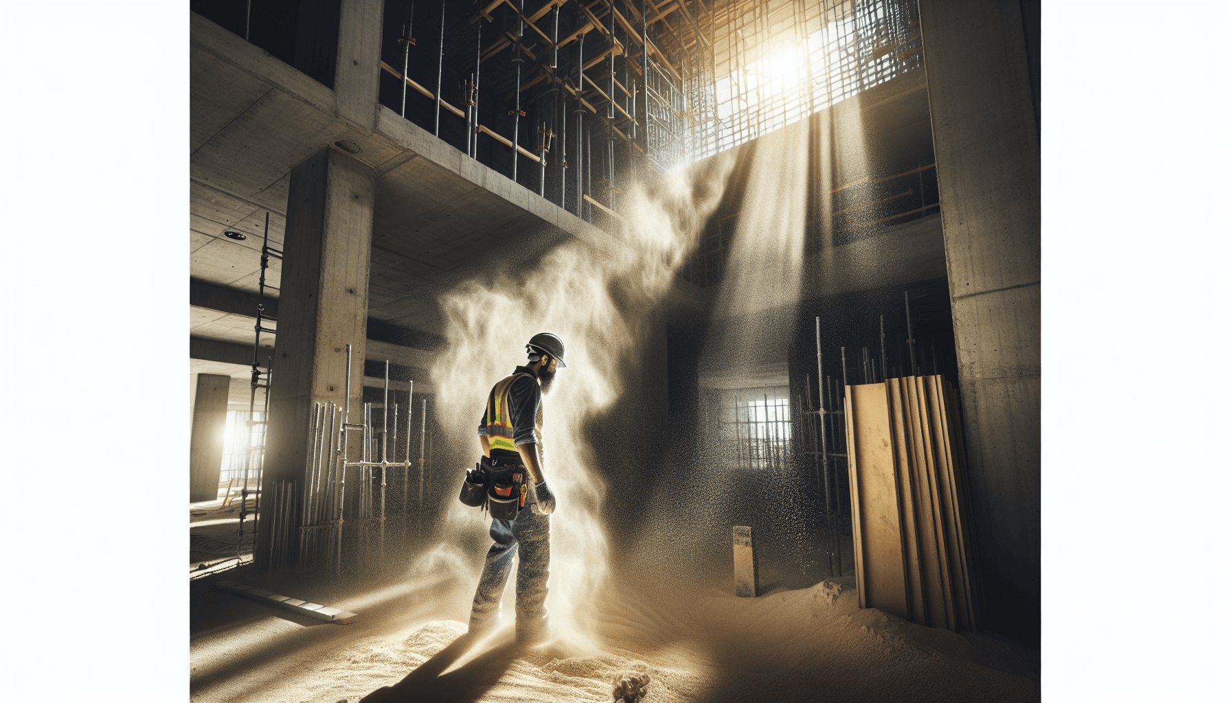 Byggdamm synligt i ljusstråle på byggarbetsplats - dammpartikelmätning för arbetsmiljön