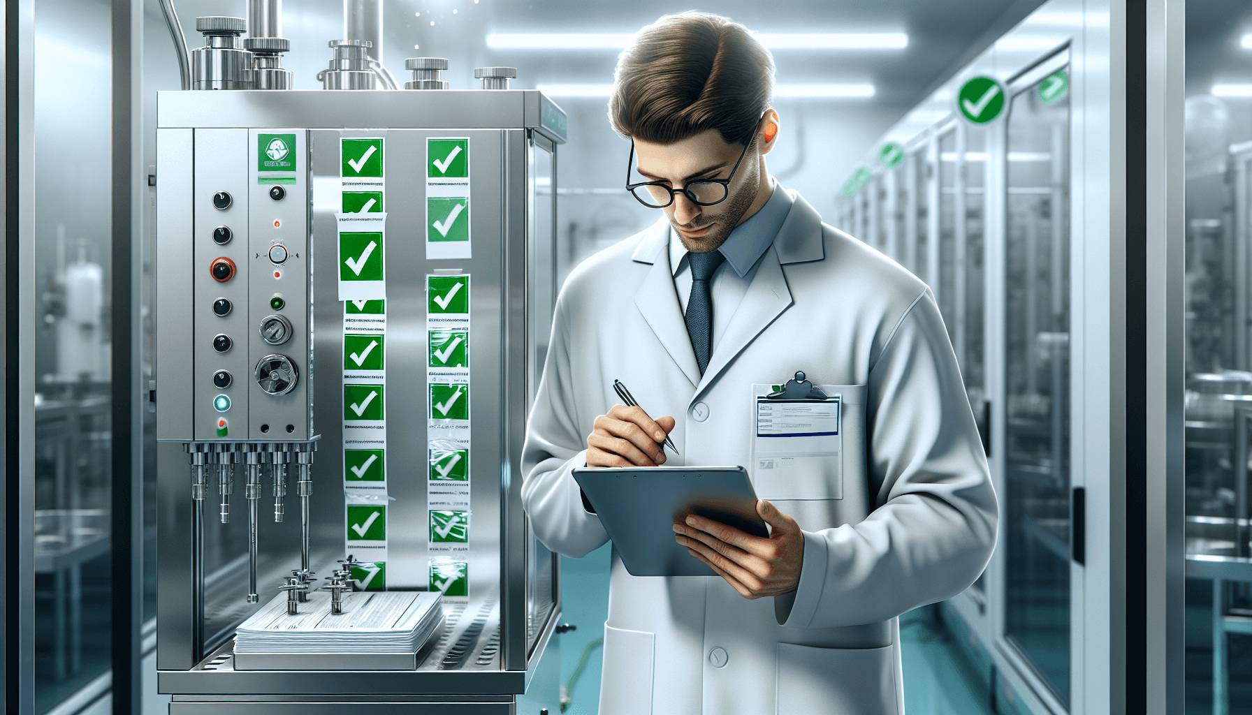 Kvalitetsingenjör utför IQ/OQ-kvalificering av renrumsutrustning med dokumentation och valideringsetiketter