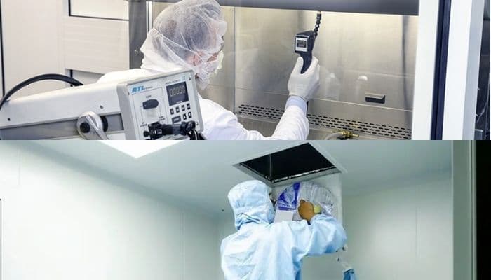 Aerosolfotometer och HEPA-filterinspektion i renrum – läkemedelsproduktion och GMP-compliance