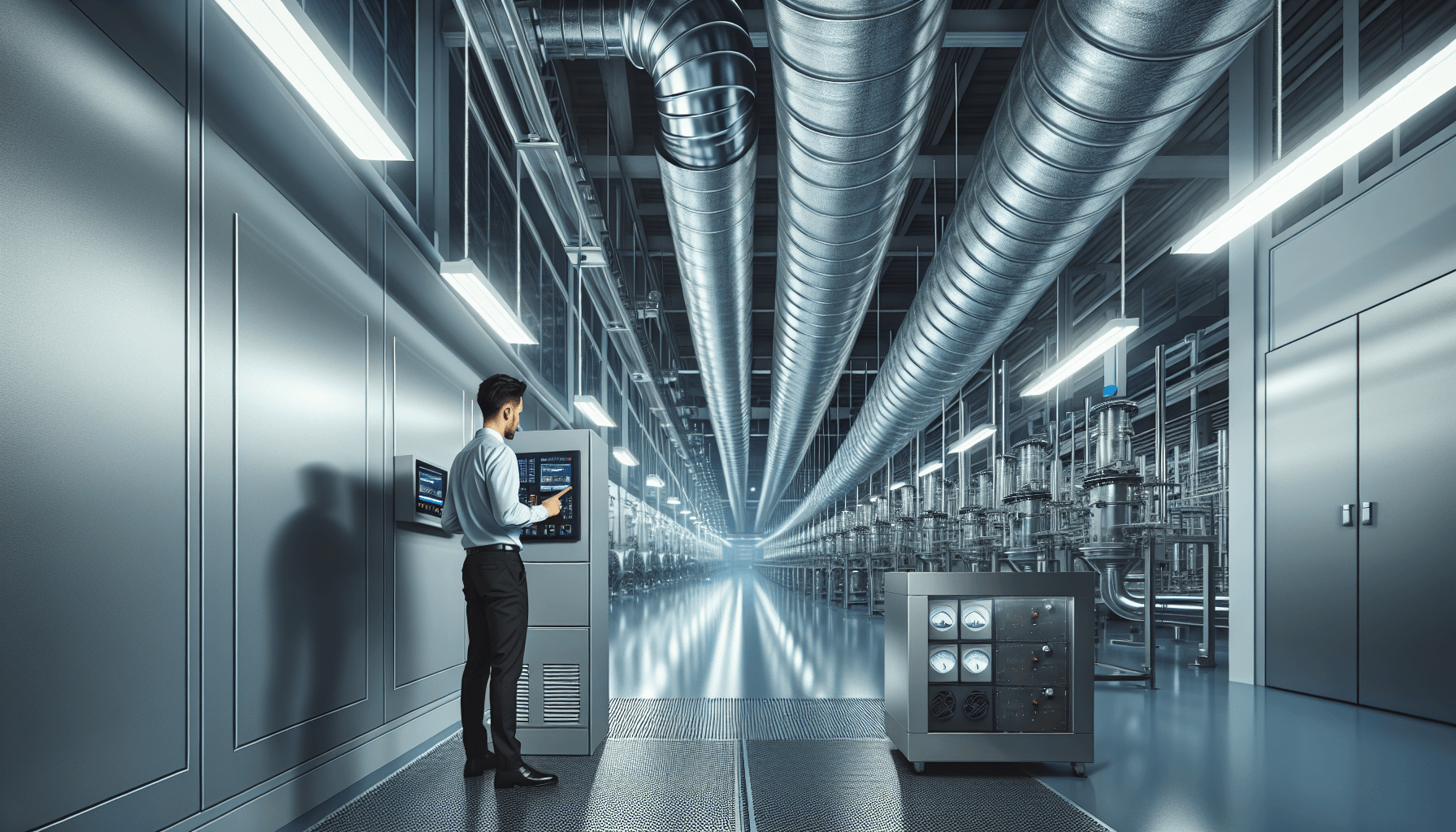 Industrilokal med ventilationssystem och luftövervakningsutrustning för produktionsmiljö