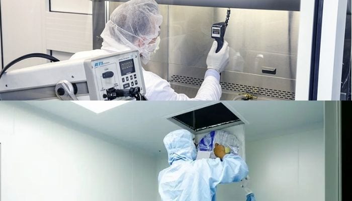 Aerosolfotometer och HEPA-filterinspektion i renrum – läkemedelsproduktion och GMP-compliance